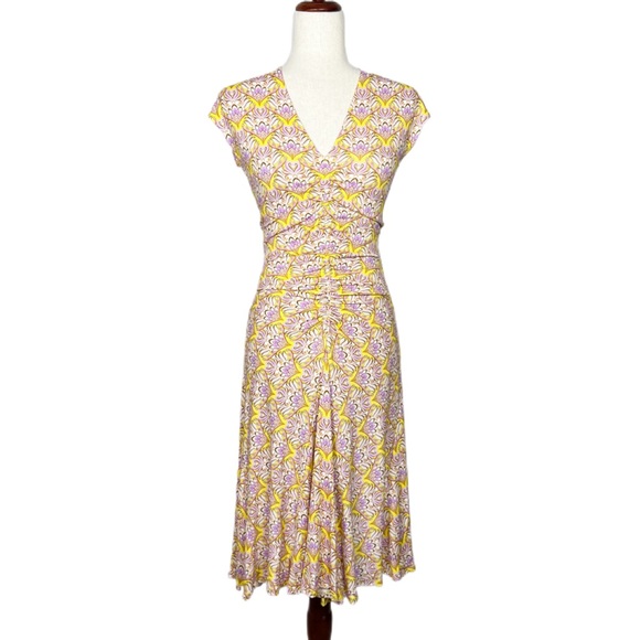 Hale Bob Dresses & Skirts - HALE‎ BOB Women Size S Yellow Floral Cap Sleeve V-Neck Gathered Waist Midi Dress